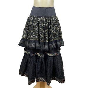 Vintage Koos Couture Vintage Black Boho Tiered Maxi Skirt With Gold Embroidery